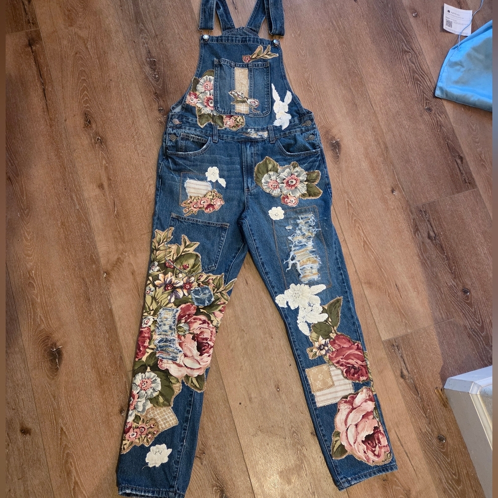 Floral Upcycled Patchwork Dark Denim Overalls By … - image 3